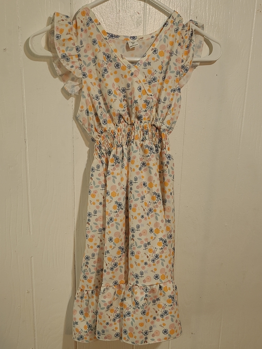 SHEIN Youth 8 Girls White Floral Smocked Casual Dress with Yellow & Blue Prints
